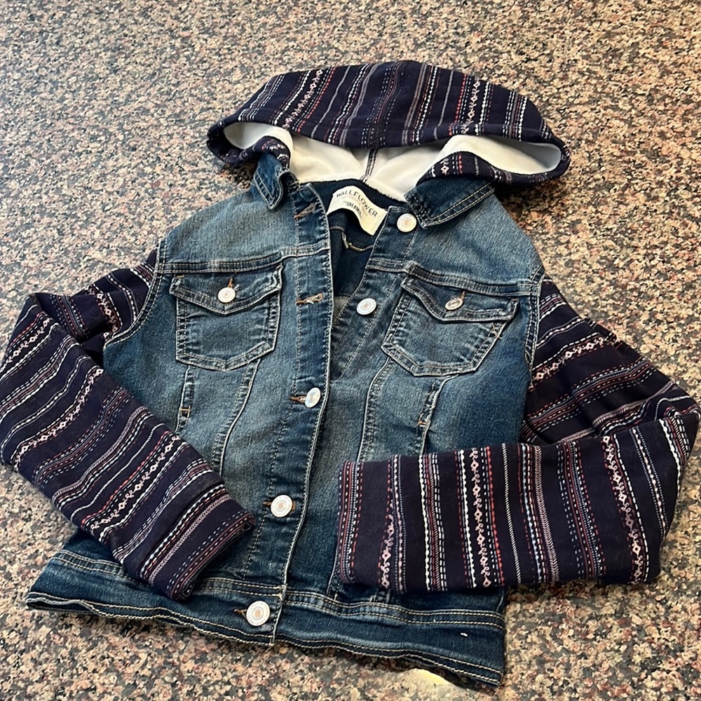 Wallflower denim stretchy flocked sweater material in arms and hood - Picture 2 of 10